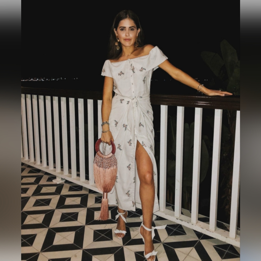 Revolve x House of Harlow Rumi White Off the Shoulder Floral Button Front Dress